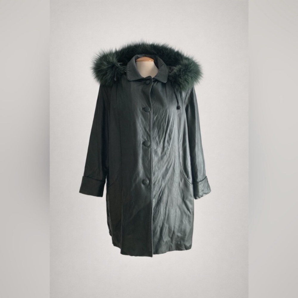 VINTAGE - Green Leather Coat with Genuine Fur Hood Oversized 90s Statement Coat - Picture 2 of 15
